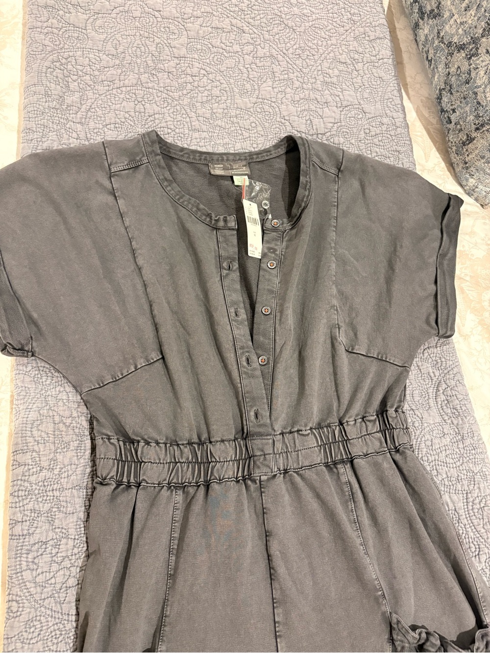 Washed Black Short-Sleeve Button Front Jumpsuit with Elastic Waist